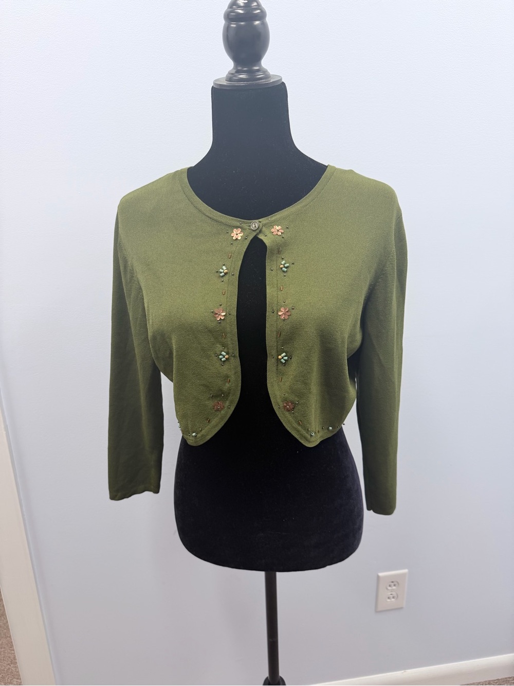Studio Olive Green Cropped Embellished Cardigan